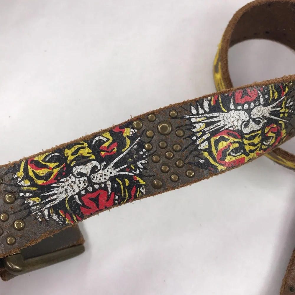 Ed Hardy Distressed Brown Leather Tiger Studded Belt 41